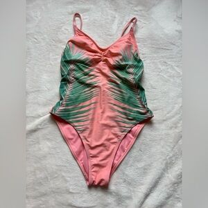 Pink Orange Palm print One-Piece Swimsuit tropical vacation resort wear medium